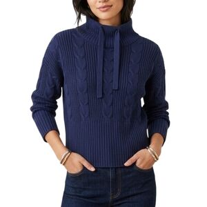 Alashan Navy Blue Cotton Cashmere Cable Knit Funnel Neck Sweater Size S